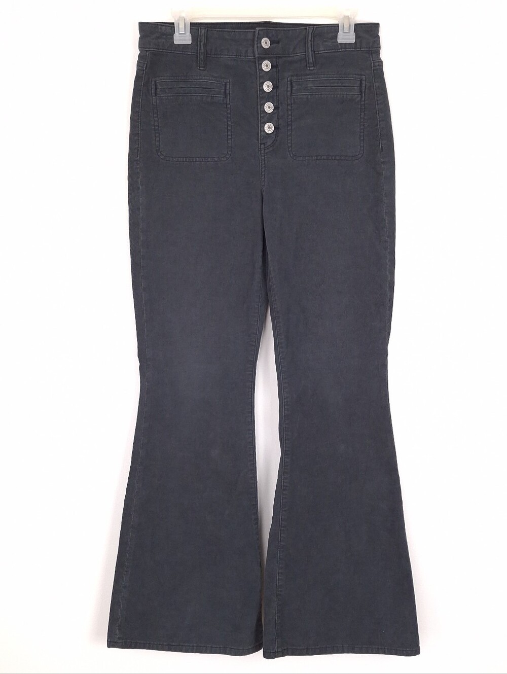 American Eagle Super Hi-Rise Flare corduroy pants retro 70s fall button fly gray